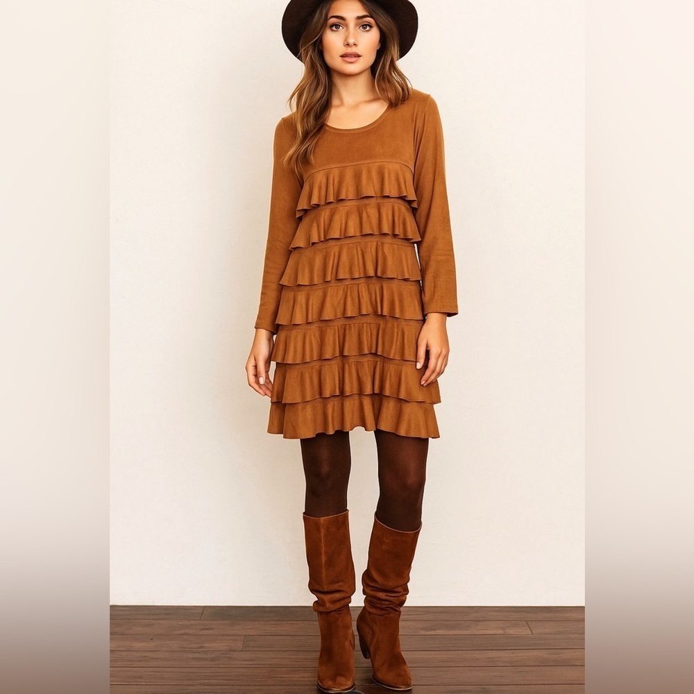 Isle by Meliz Kozan Faux Suede Chic Tiered Long Sleeve Dress  Brown Boho Fall